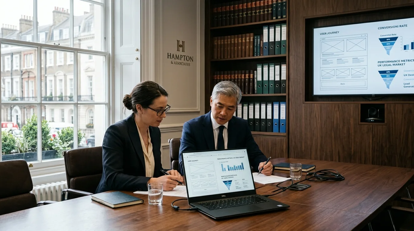 Two UK solicitors in modern law firm boardroom reviewing website wireframes and conversion metrics